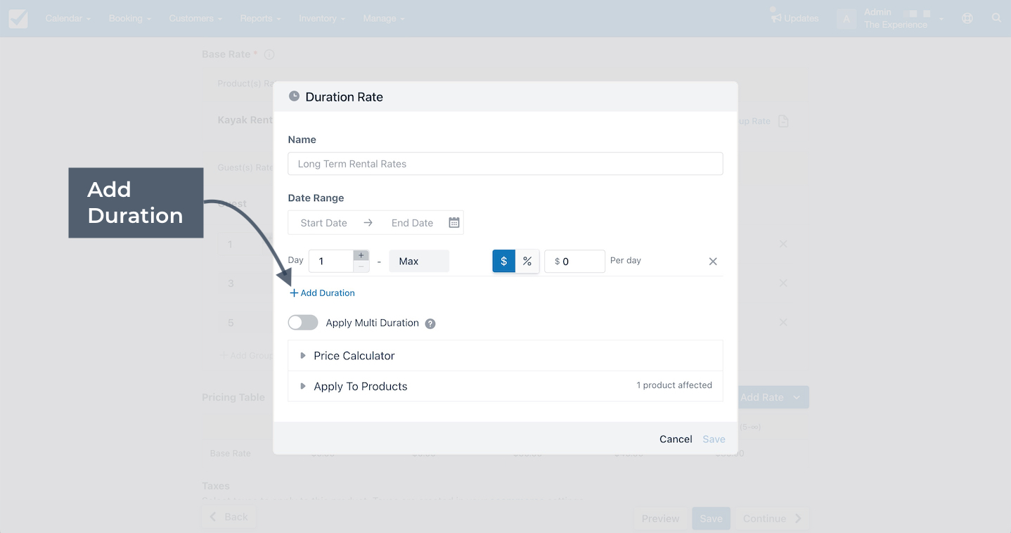 Duration rate setup window with add duration option highlighted to define multi-day pricing.
