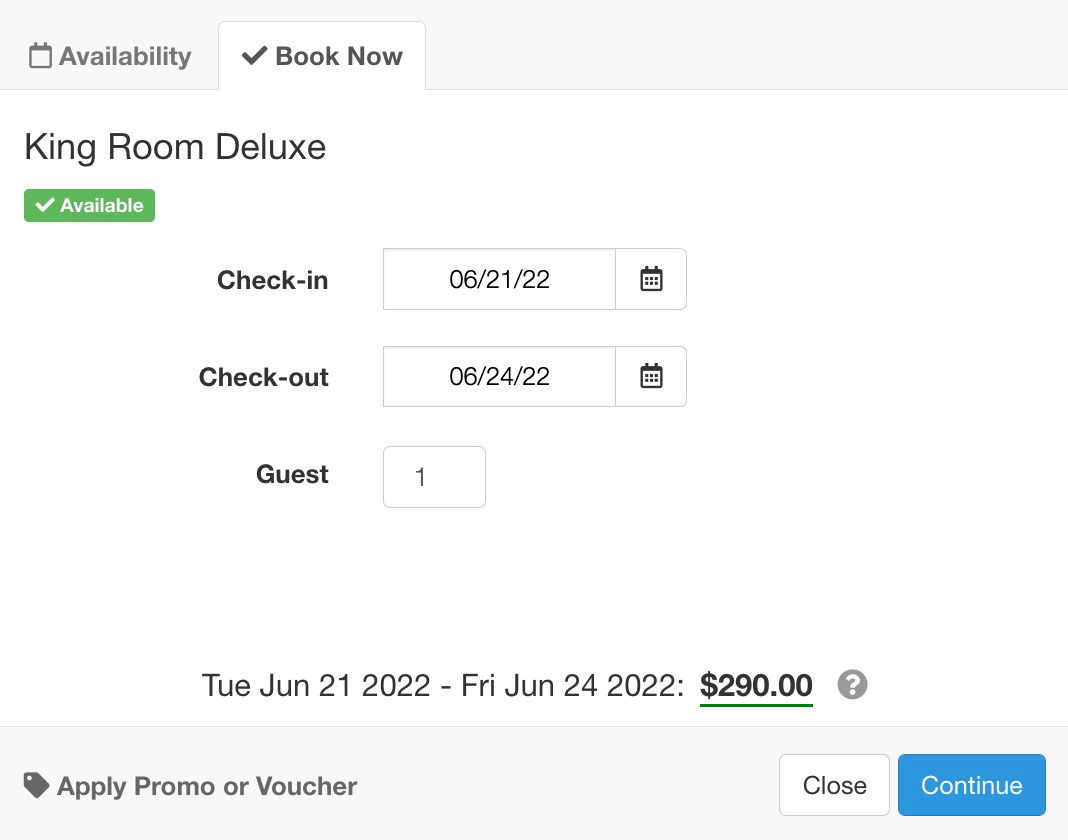 Booking form for King Room Deluxe with adjusted rate showing updated total cost.