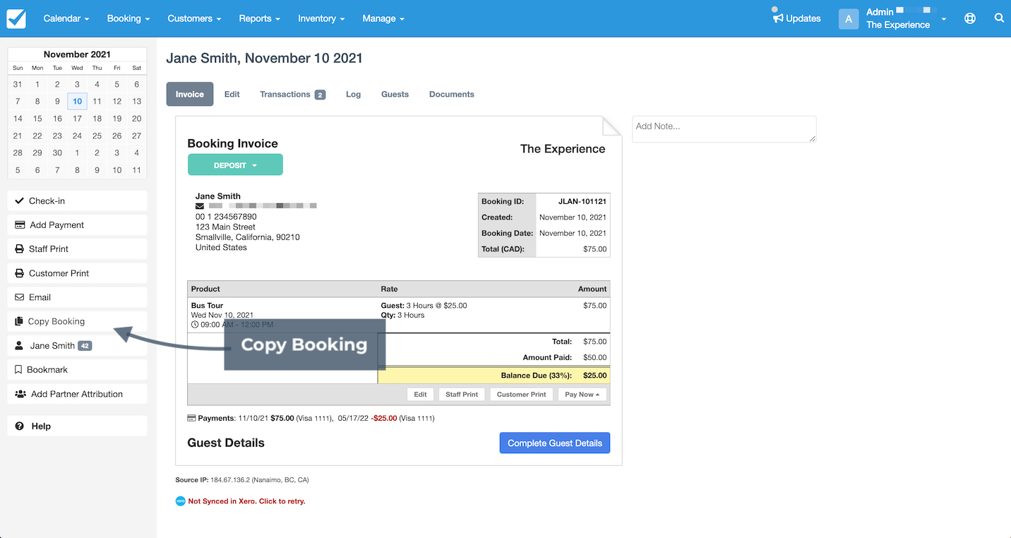 Booking screen highlighting the Copy Booking option to duplicate an existing booking.