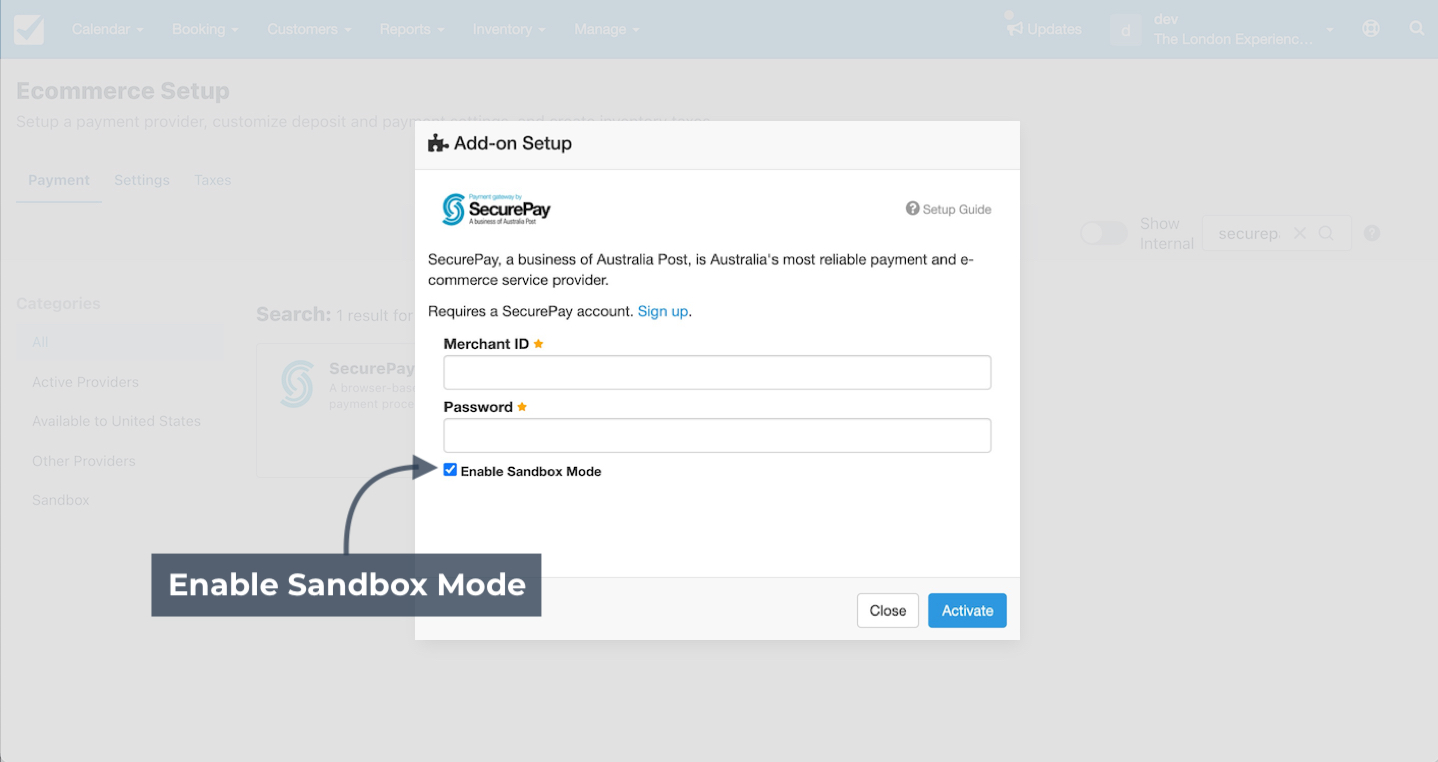 SecurePay add-on setup window with Merchant ID and Password fields and Sandbox mode checkbox enabled.