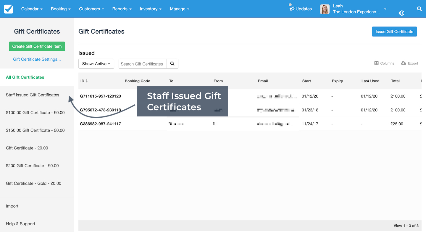 Staff Issued Gift Certificates