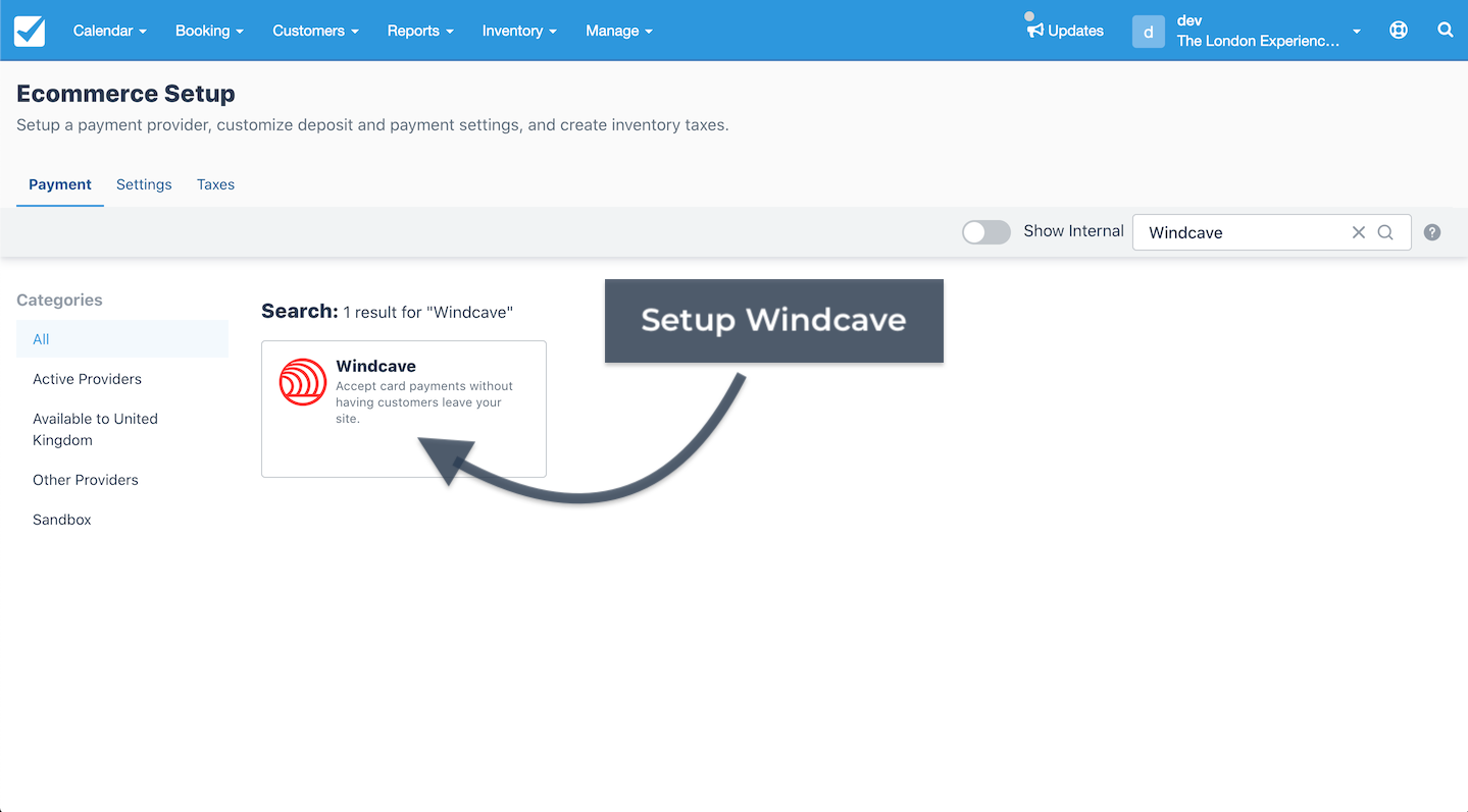 Ecommerce setup page showing Windcave integration option with arrow pointing to Setup Windcave.