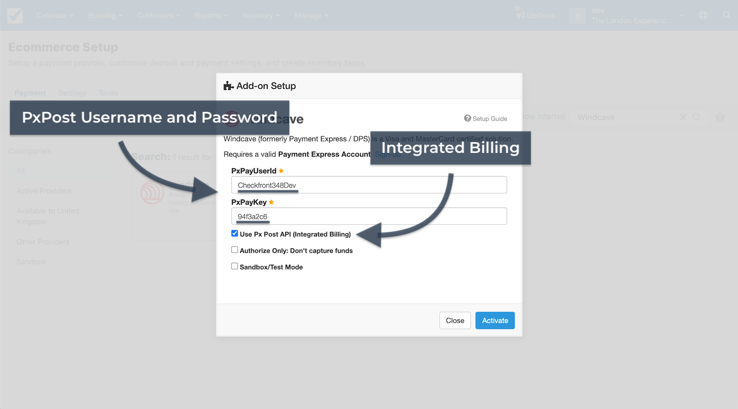 Add-on setup window for Windcave highlighting PxPost username and integrated billing checkbox.