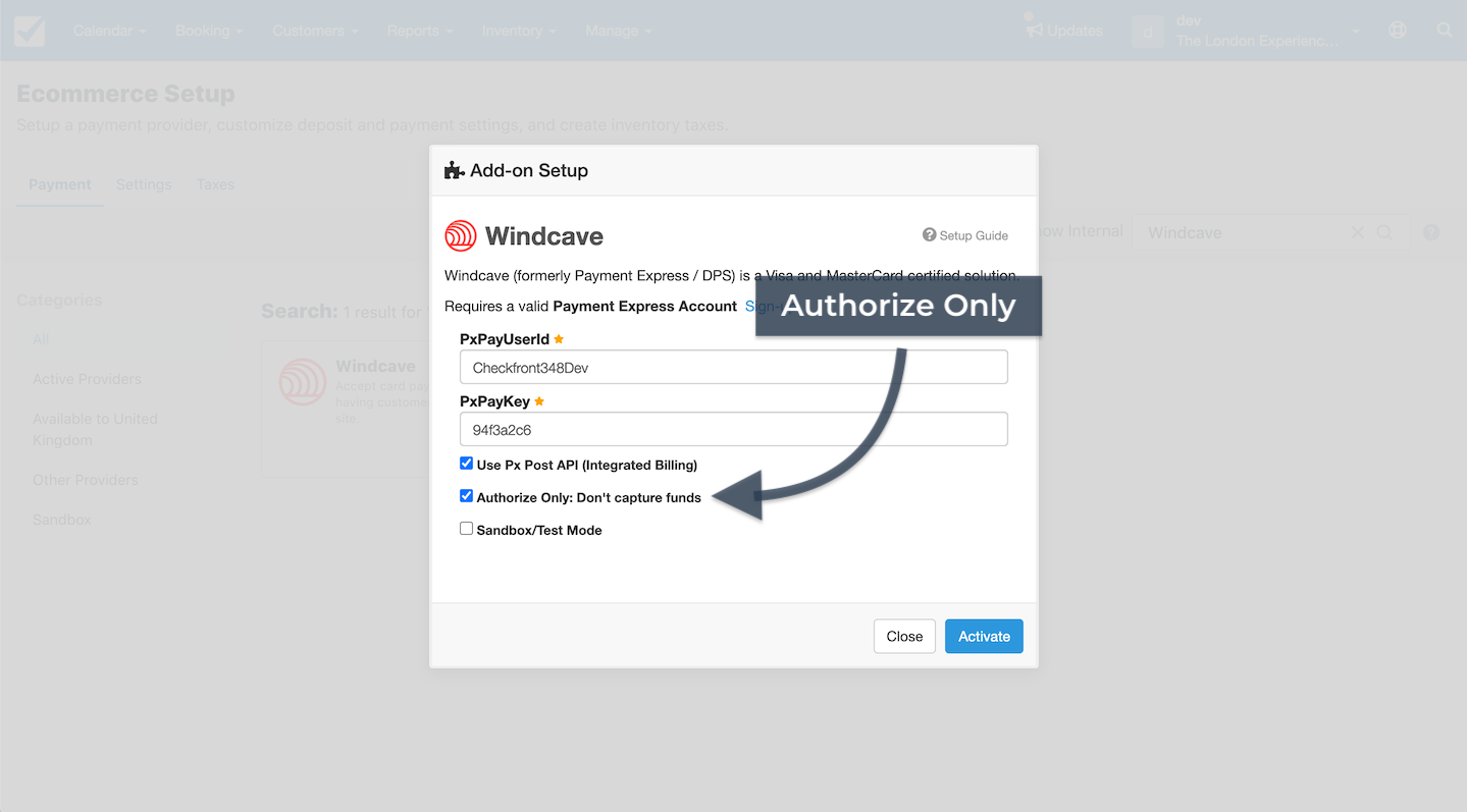 Add-on setup window for Windcave highlighting Authorize Only option with checkbox selected.