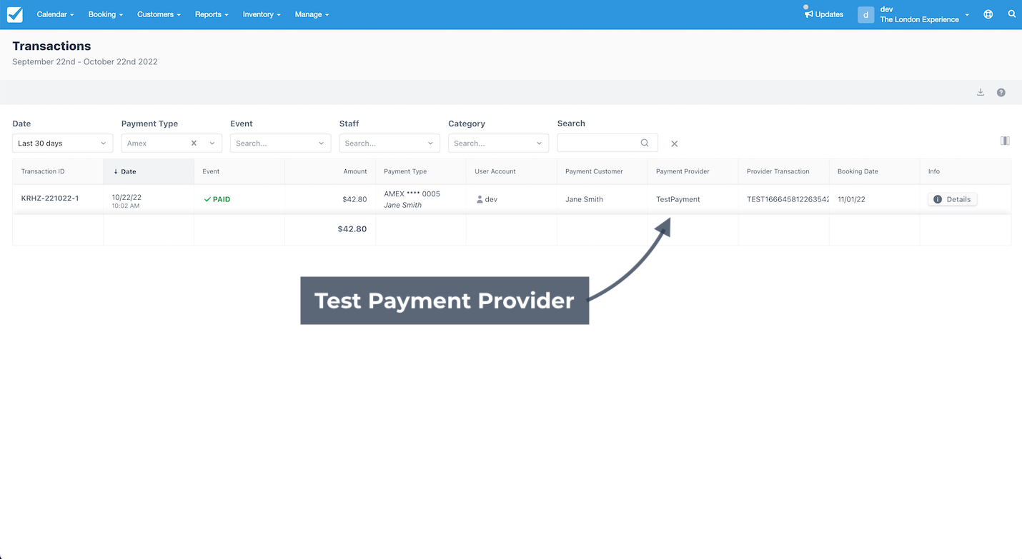 Transactions screen showing paid event entry with Test Payment Provider highlighted.