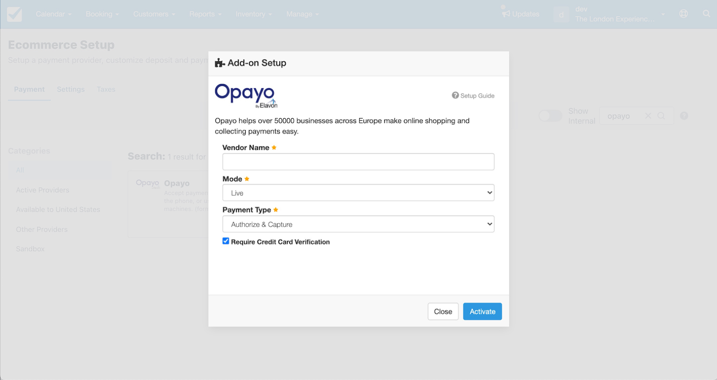 Opayo add-on setup window with fields for Vendor Name, Mode, and Payment Type with Activate button.