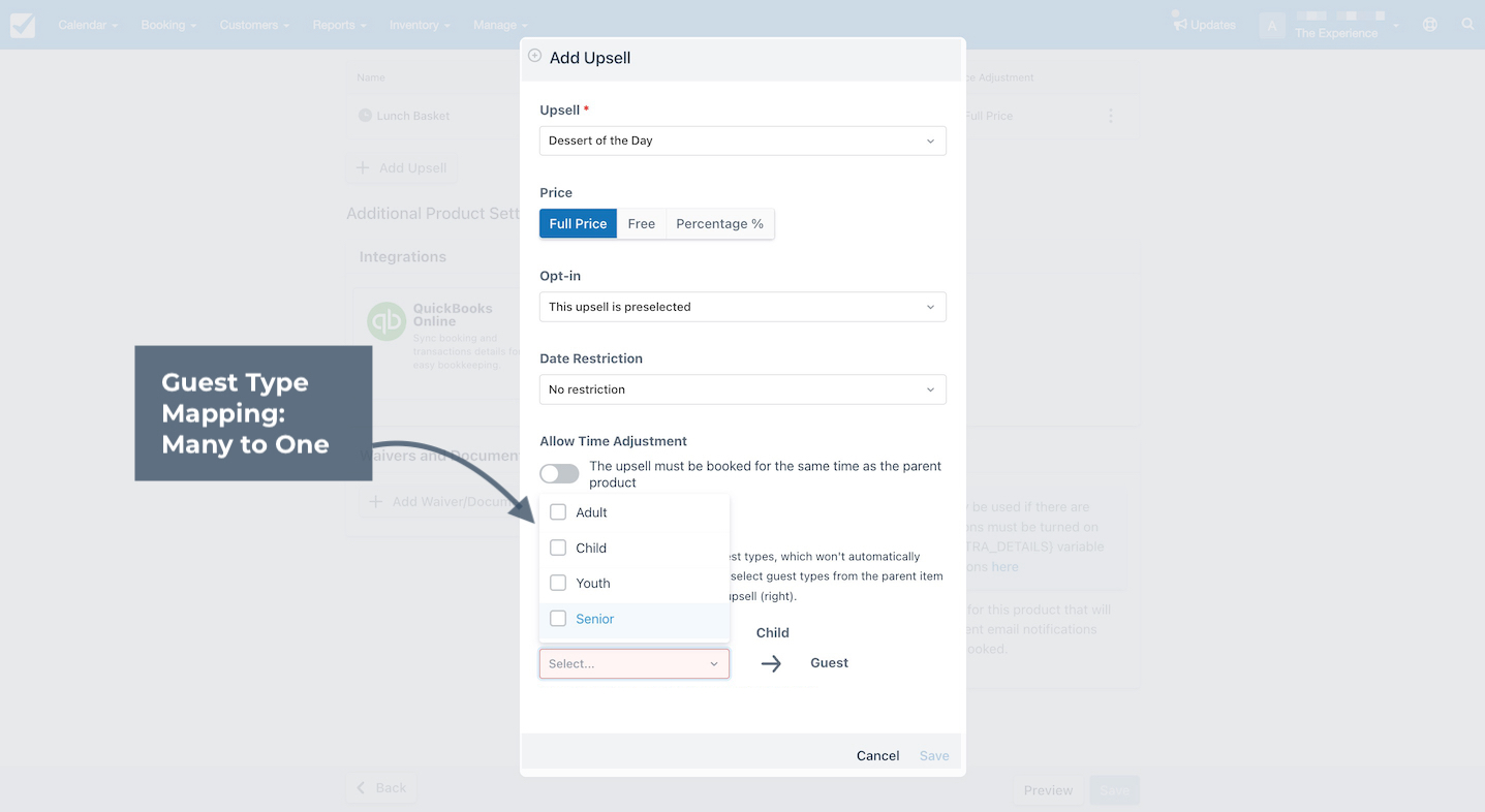 Add Upsell window showing guest type mapping many to one with Adult, Child, Youth, and Senior all mapped to Guest.