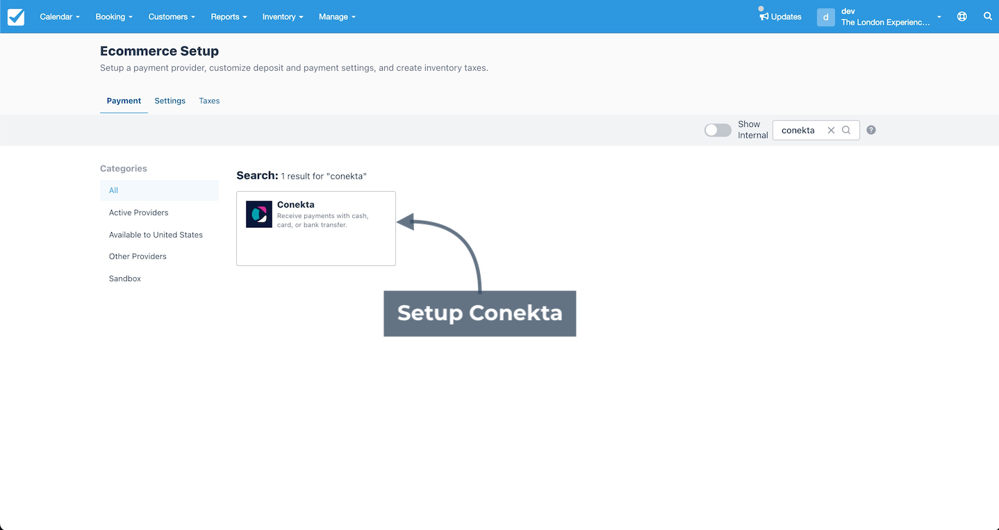 Ecommerce setup screen with search result highlighting Setup Conekta option under payment providers.