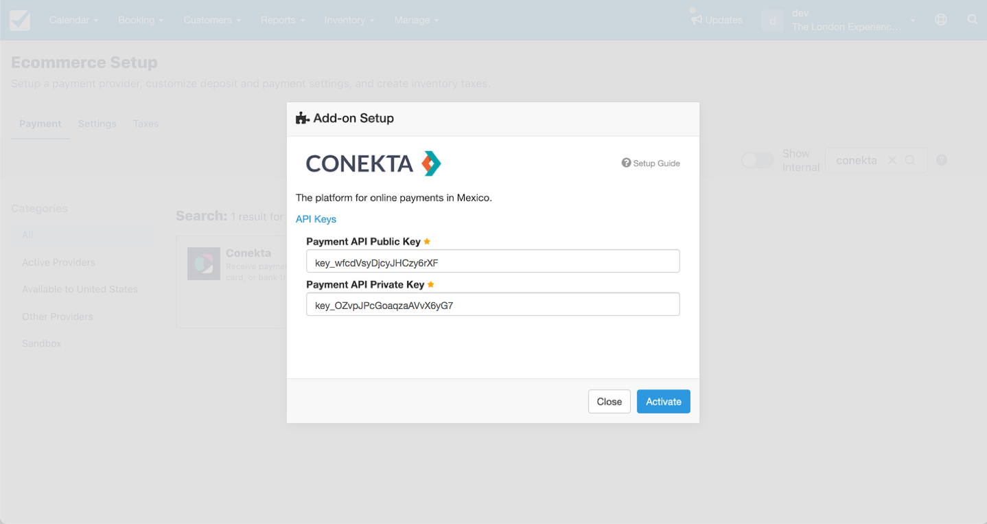 Conekta add-on setup window displaying fields for Payment API Public Key and Payment API Private Key with activate button.