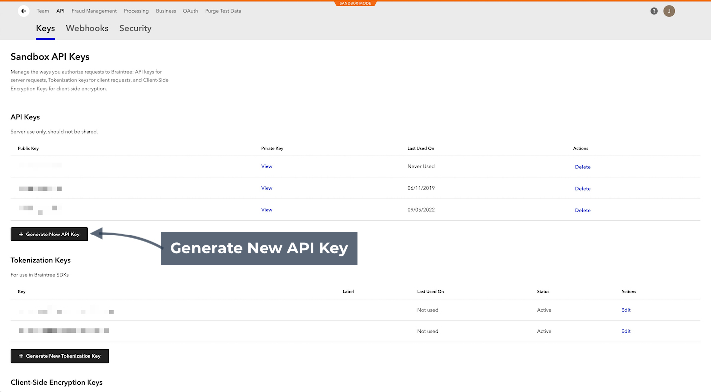 Braintree sandbox API keys page with arrow pointing to generate new API key button.
