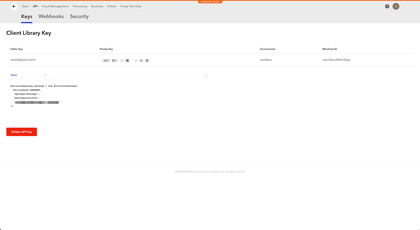 Braintree client library key page showing public key, private key, environment, merchant ID, sample code, and delete API key button.