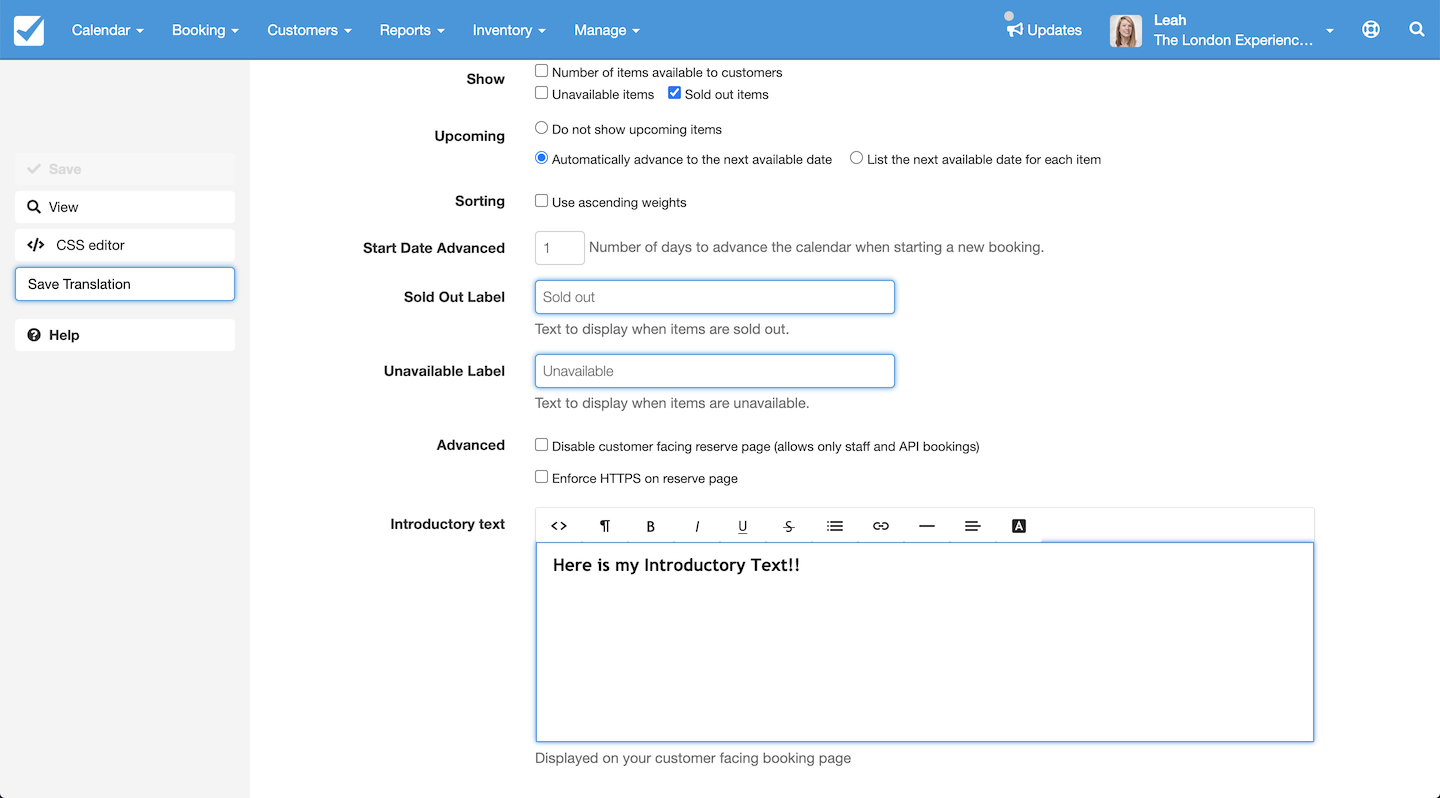 Booking page layout settings screen with the Save Translation button highlighted, showing text fields for sold out and unavailable labels, and an introductory text box at the bottom.
