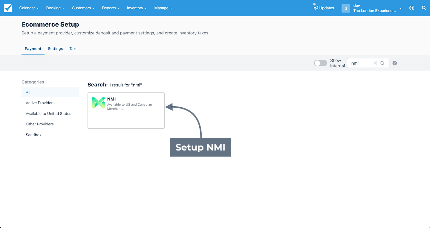 Ecommerce Setup page showing NMI as a payment provider with Setup NMI highlighted.