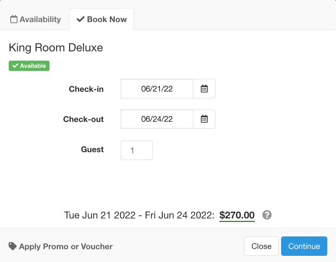 Booking form for King Room Deluxe with check-in and check-out dates selected and total price displayed.