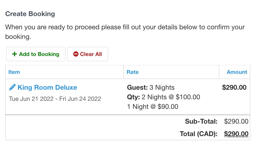 Create booking summary showing King Room Deluxe with mixed nightly rates applied for three nights.
