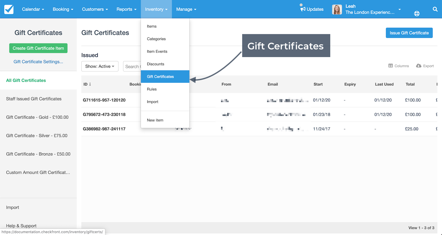 Gift Certificate from Inventory