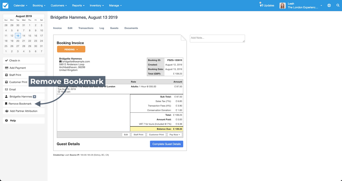 Invoice page highlighting the Remove Bookmark option to delete a saved booking from bookmarks.