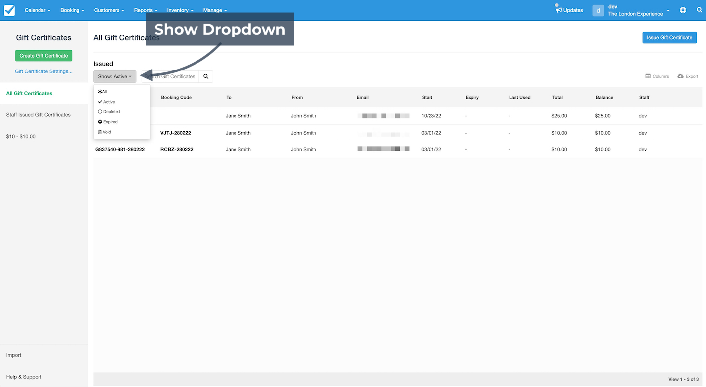 Gift Certificates page highlighting the Show dropdown filter for viewing active, depleted, expired, or void certificates.
