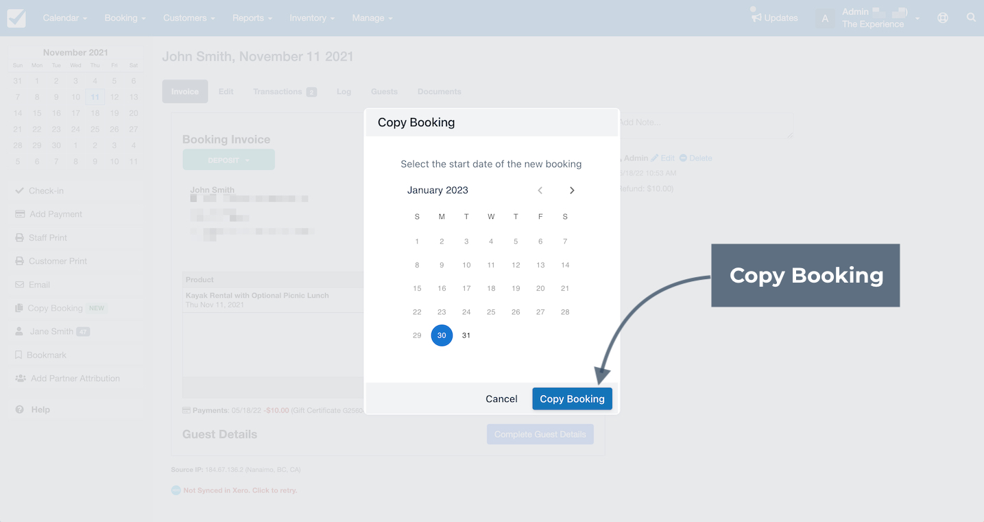 Copy booking window highlighting the option to select the start date for the new booking.