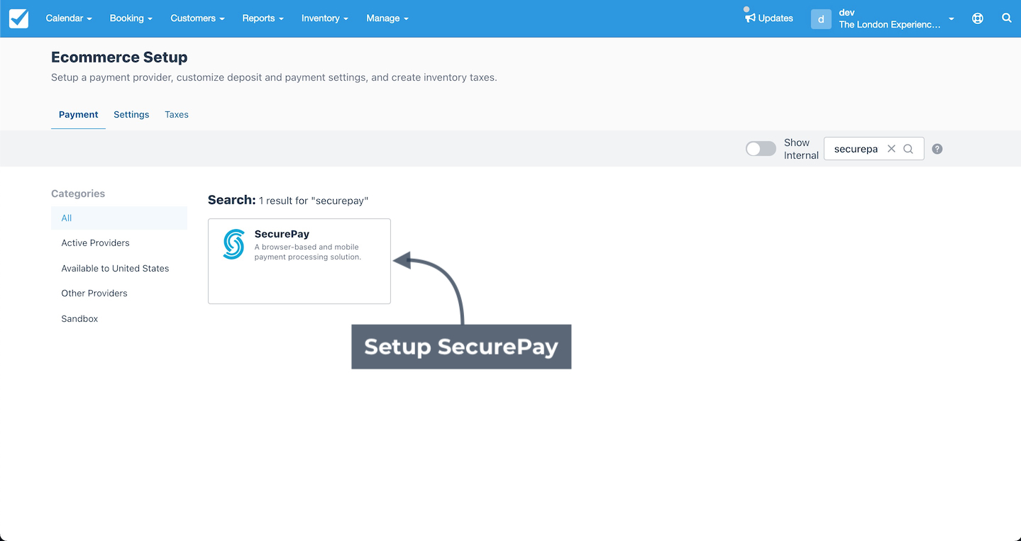 Ecommerce Setup screen showing SecurePay search result with Setup SecurePay option indicated.