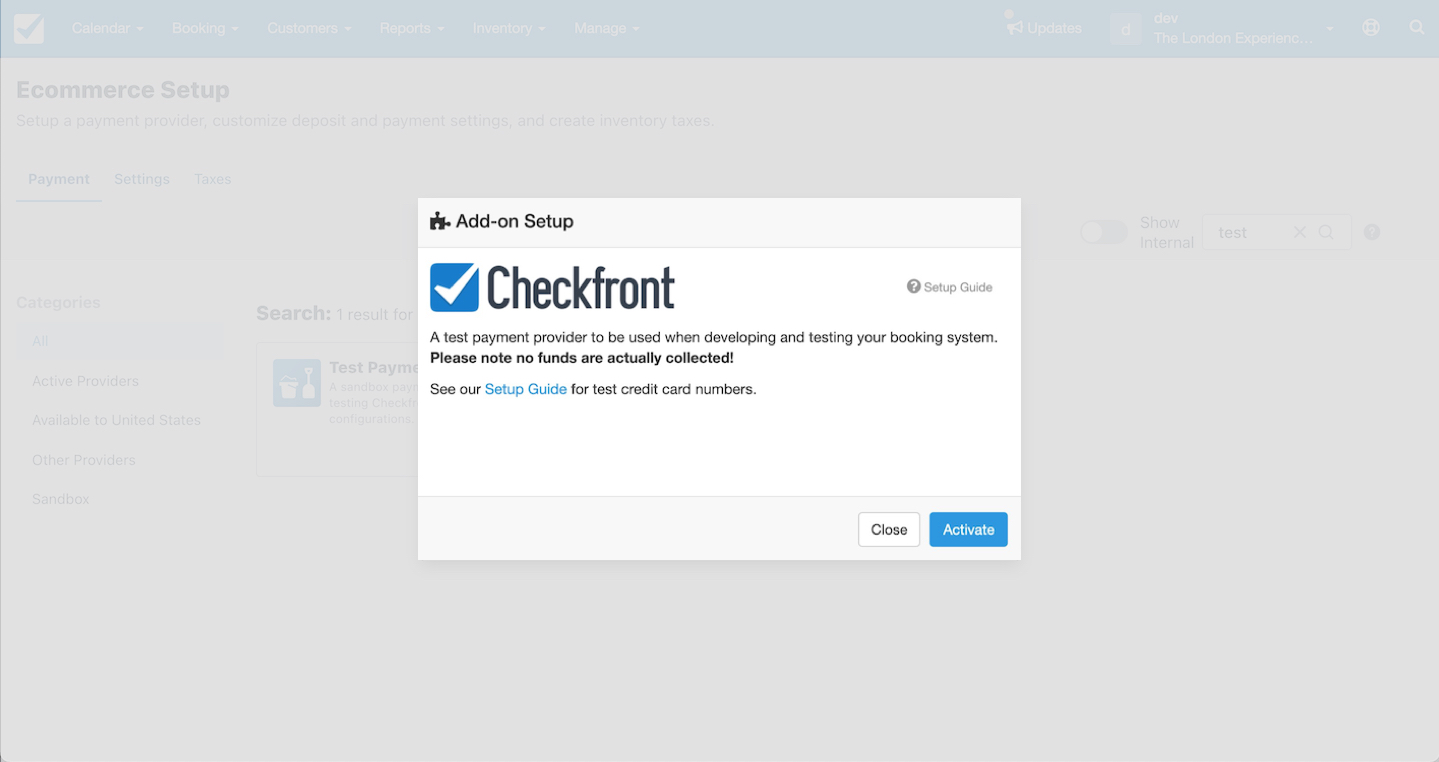 Checkfront add-on setup window describing the test payment provider with Activate button.