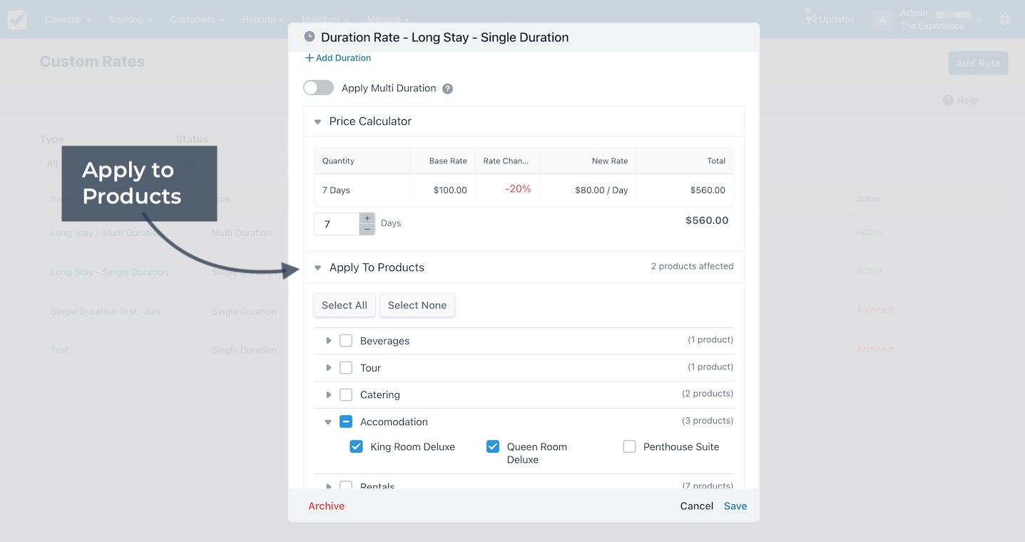 Custom rate editor with discount calculation and an arrow pointing to Apply to Products.