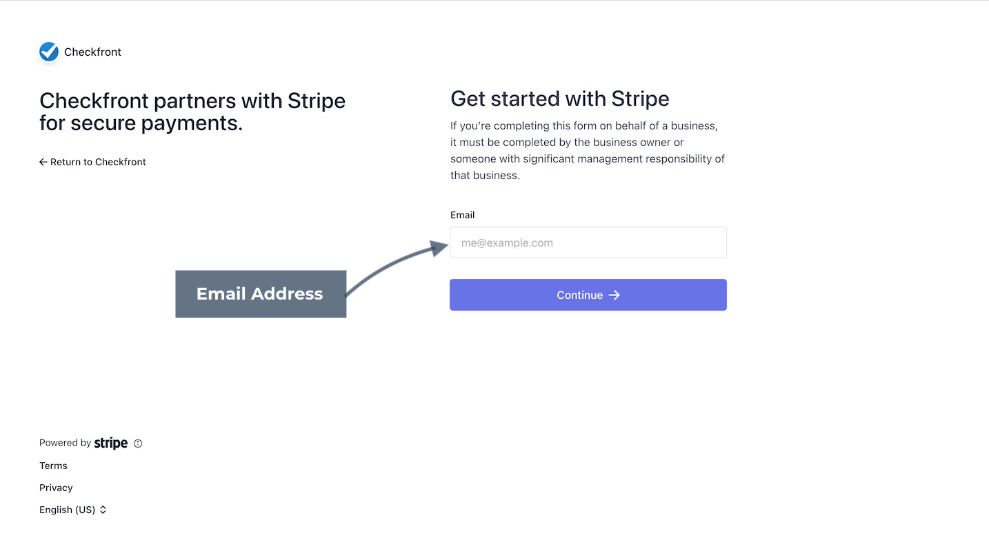 Stripe connection page prompting entry of an email address to continue setup.