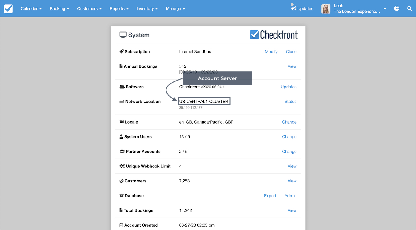 System settings page in Checkfront showing account server location highlighted under Network Location.