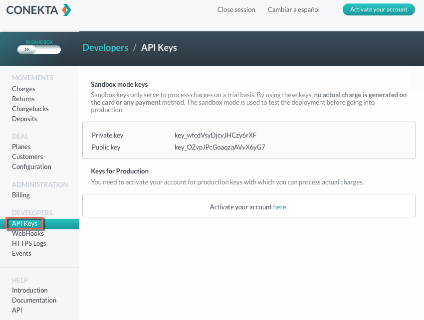 Conekta developer dashboard API keys page showing sandbox private and public keys with option to activate production account.