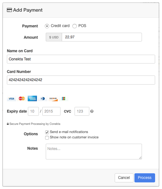 Add payment form showing credit card option selected with fields for amount, cardholder name, card number, expiry date, CVC, options for notifications, and notes.