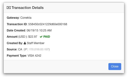 Transaction details window showing gateway Conekta, transaction ID, amount paid, date, source, and payment type.