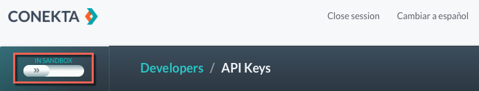 Conekta developer dashboard with sandbox toggle switched on in API keys section.