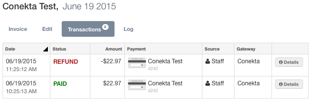 Transactions list showing refund and payment entries for $22.97 with status, source, and gateway details.