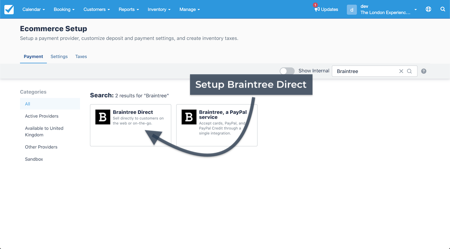 Ecommerce setup screen showing search results for Braintree with arrow pointing to Braintree Direct option.