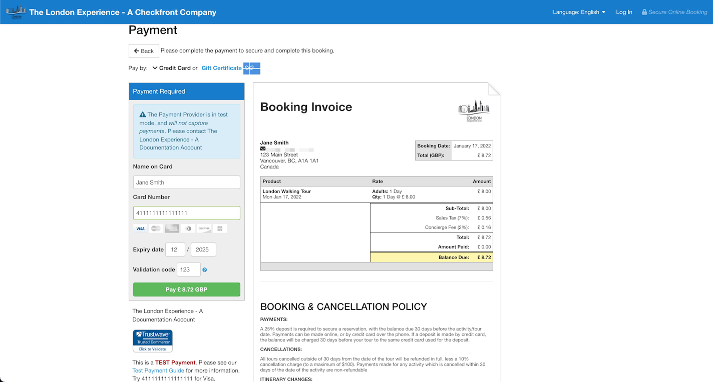 Booking payment page showing credit card entry form on the left and booking invoice with balance due on the right.