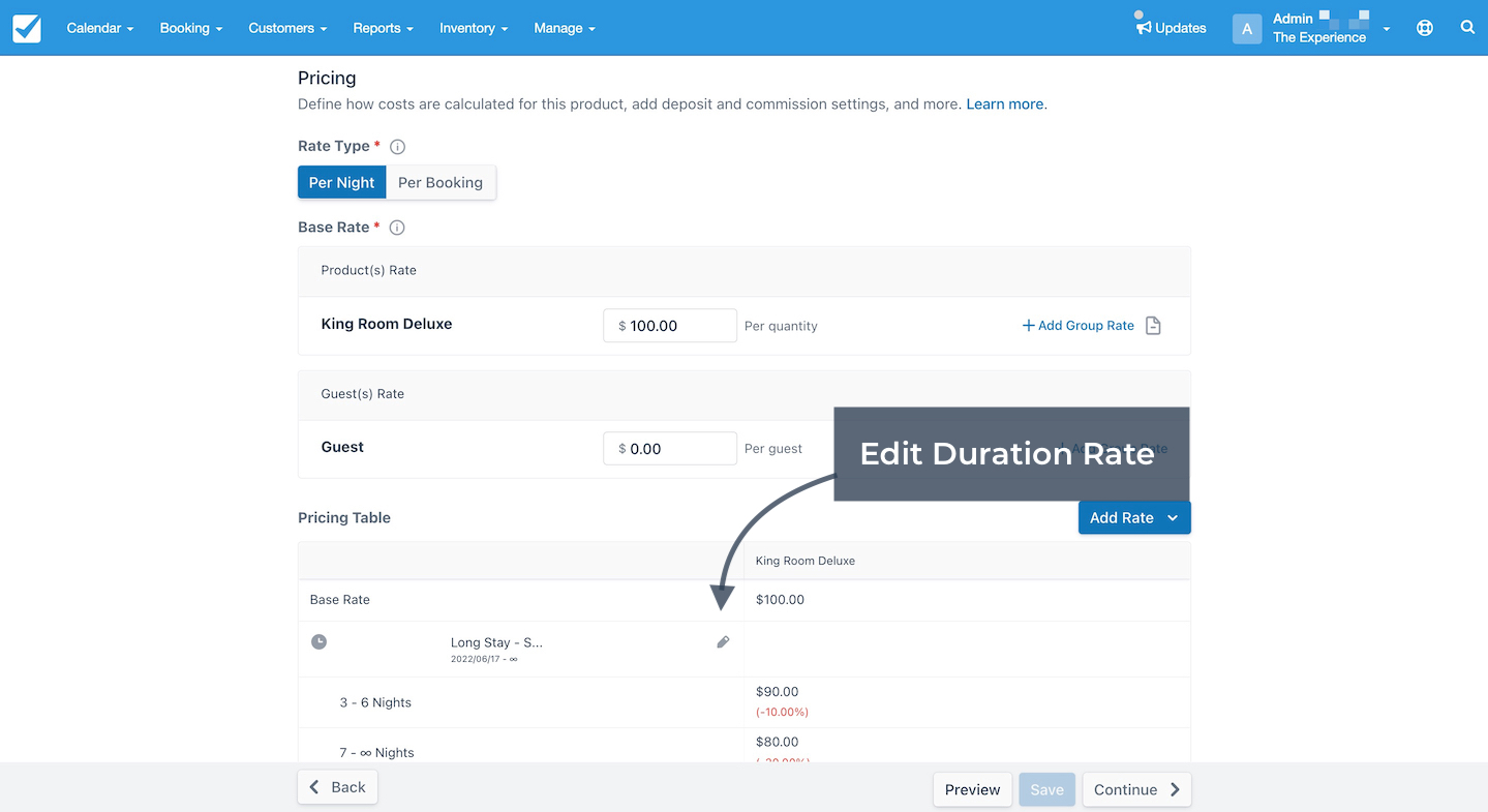 Product pricing setup with an arrow pointing to Edit Duration Rate in the pricing table.