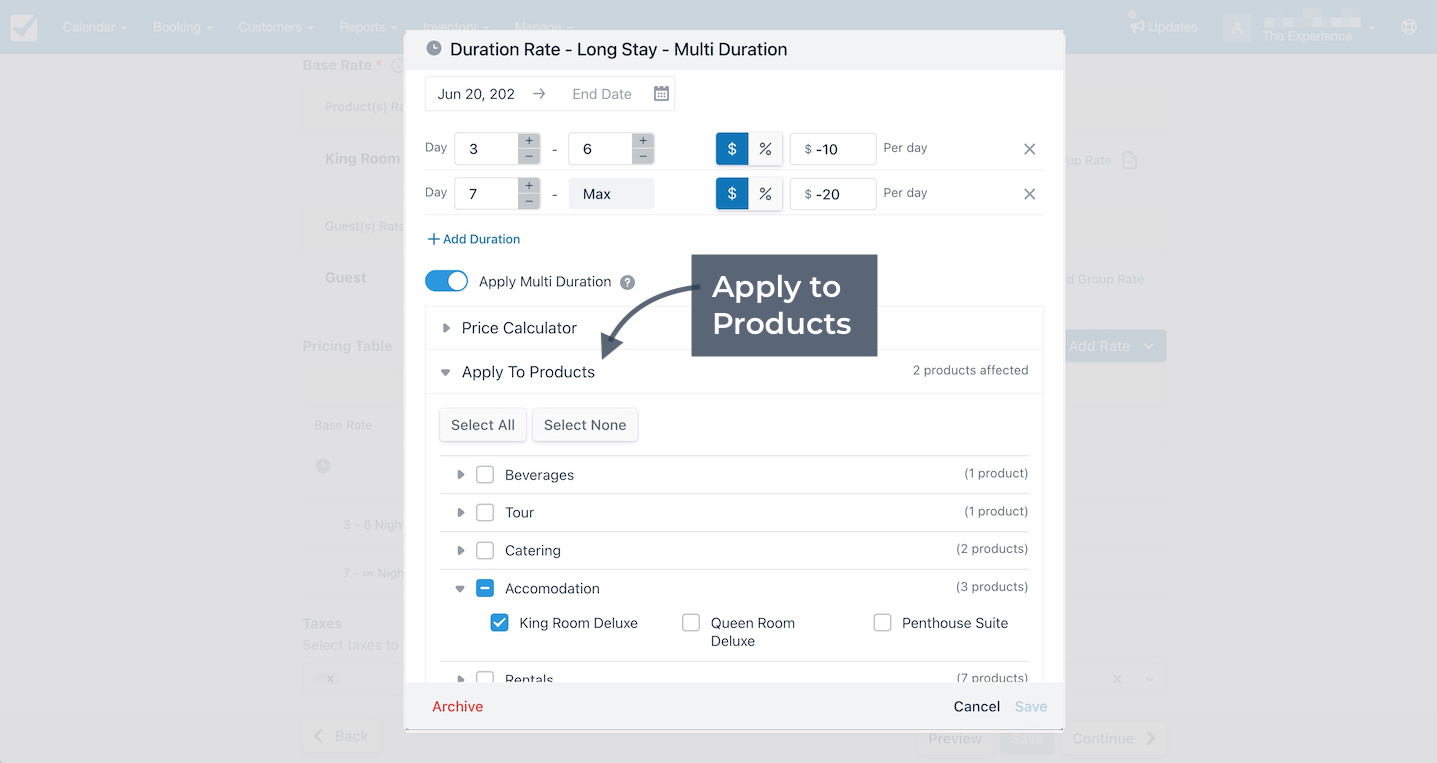 Custom rate setup for long stays with an arrow pointing to Apply to Products.
