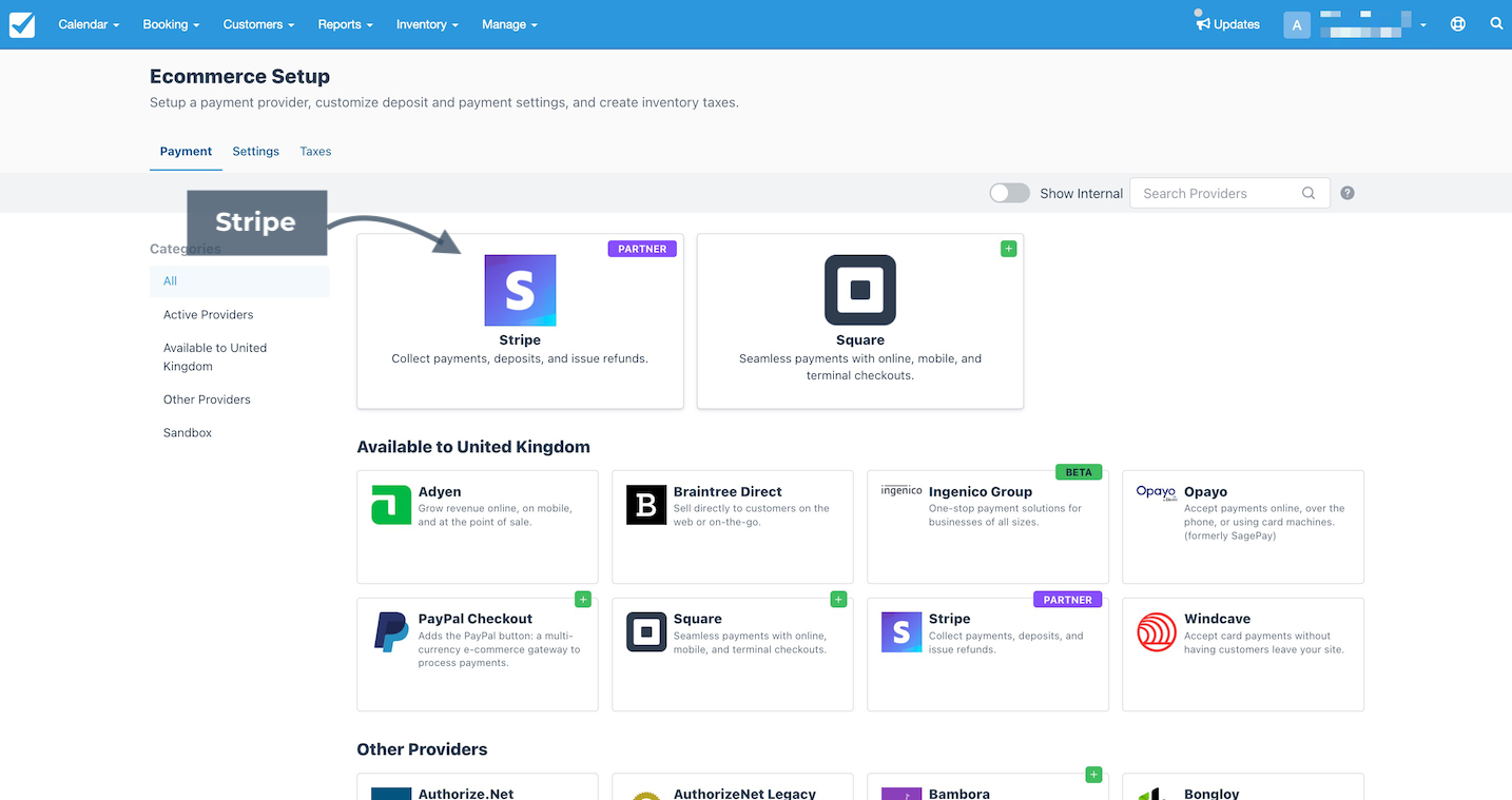 Ecommerce Setup screen showing Stripe highlighted as a payment provider option.