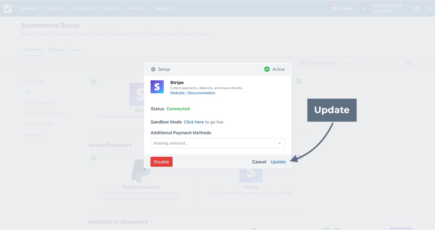 Stripe setup window showing connected status with Update button highlighted.
