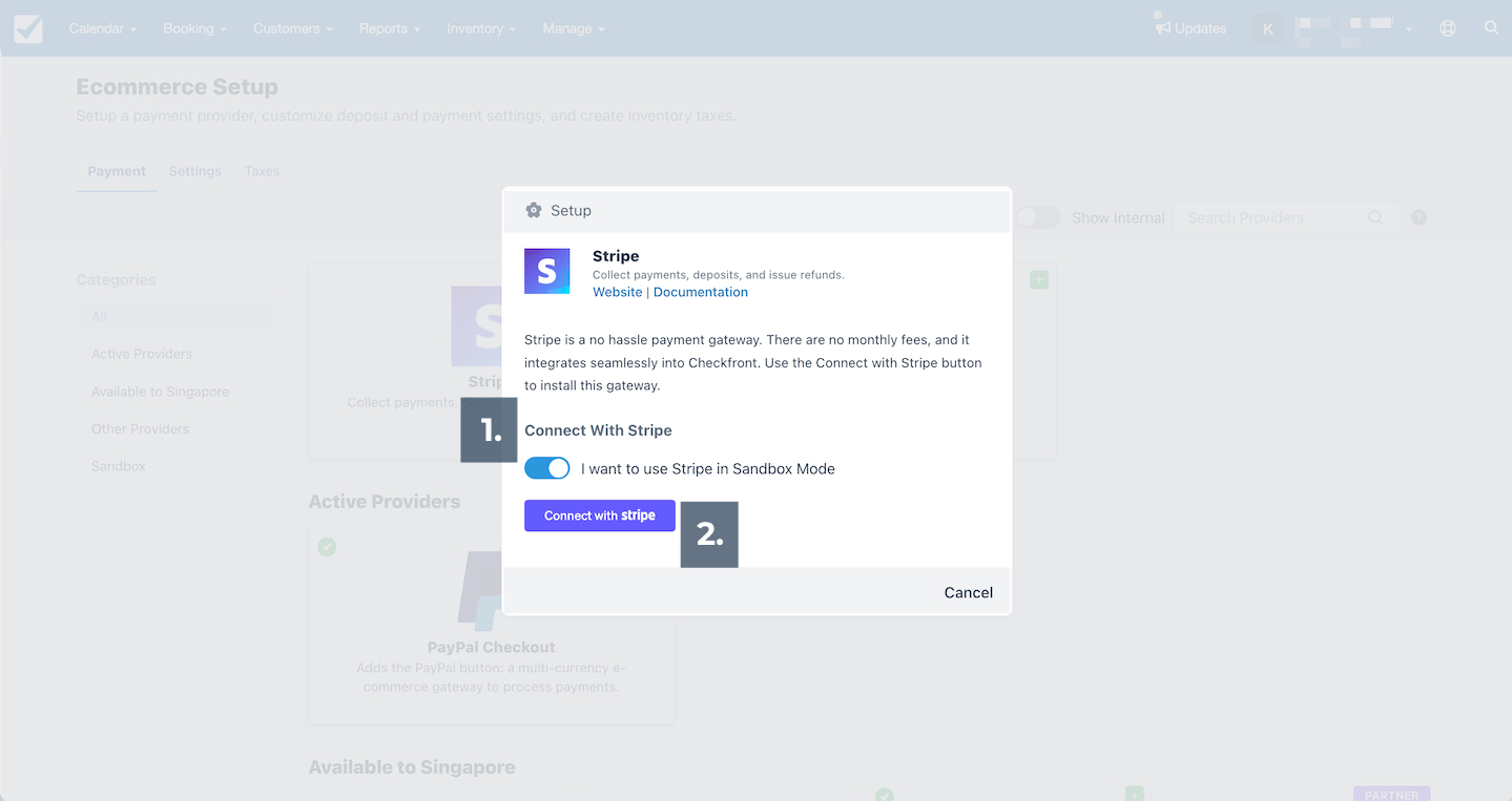 Stripe setup window with Sandbox Mode option selected and Connect with Stripe button highlighted.