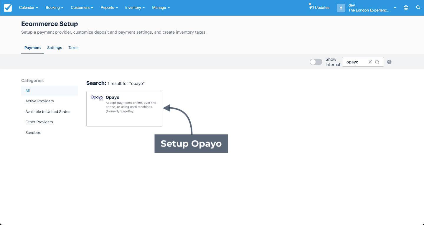 Ecommerce Setup screen showing Opayo search result with Setup Opayo option indicated.