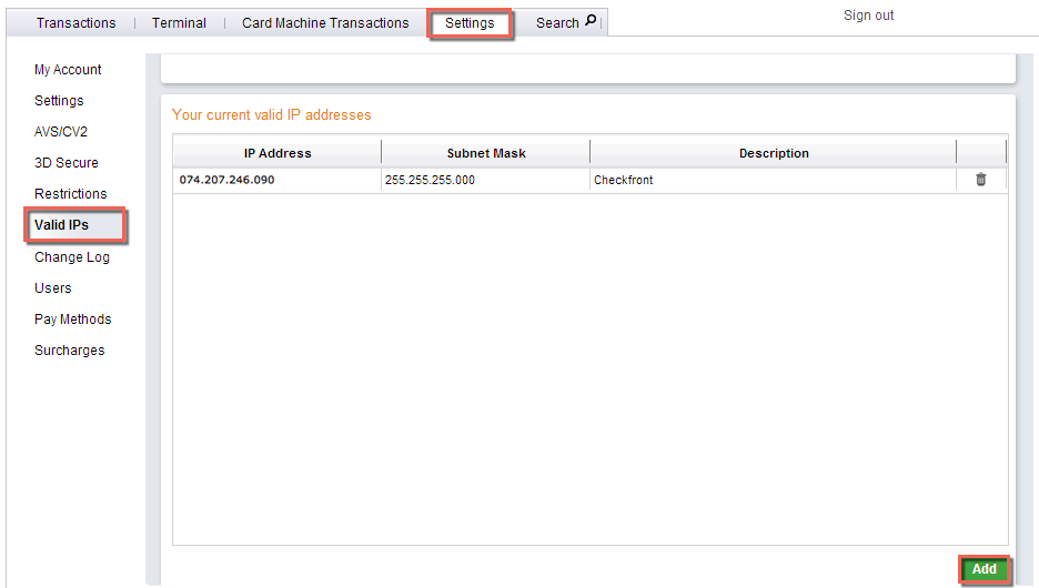Payment provider dashboard with Settings tab selected and Valid IPs section displayed with option to add IP address.