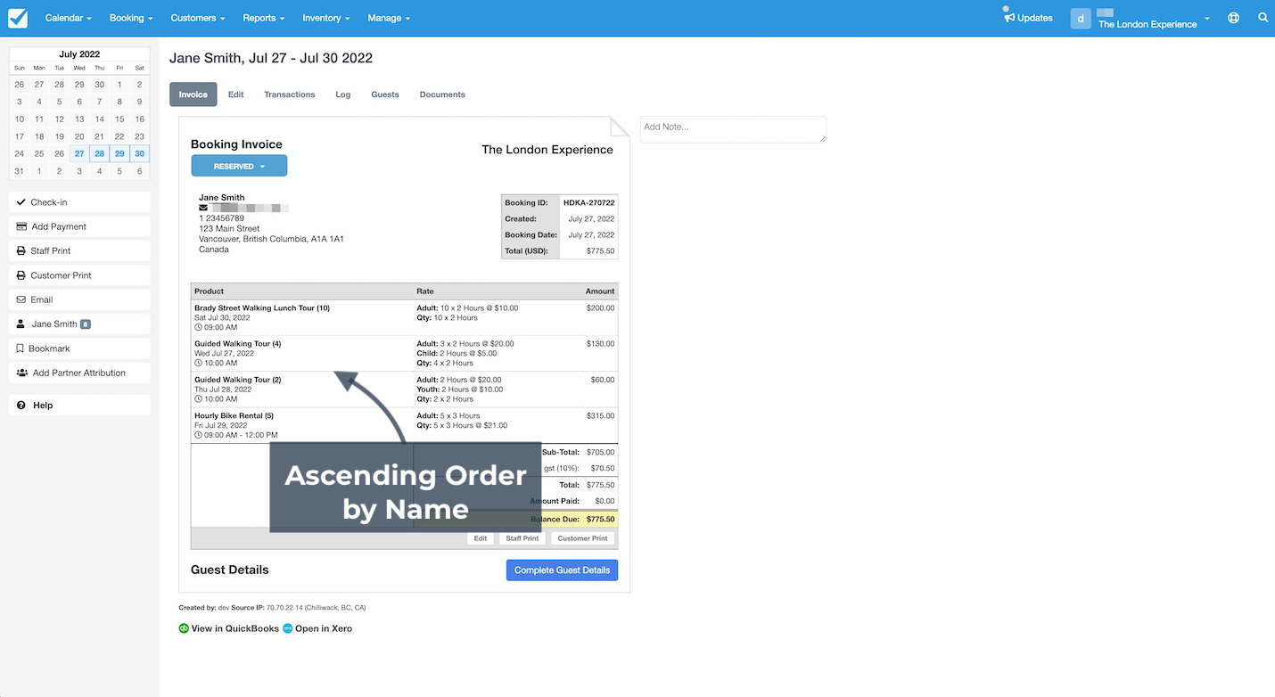 Booking invoice example with items displayed in ascending order by name highlighted with an arrow.