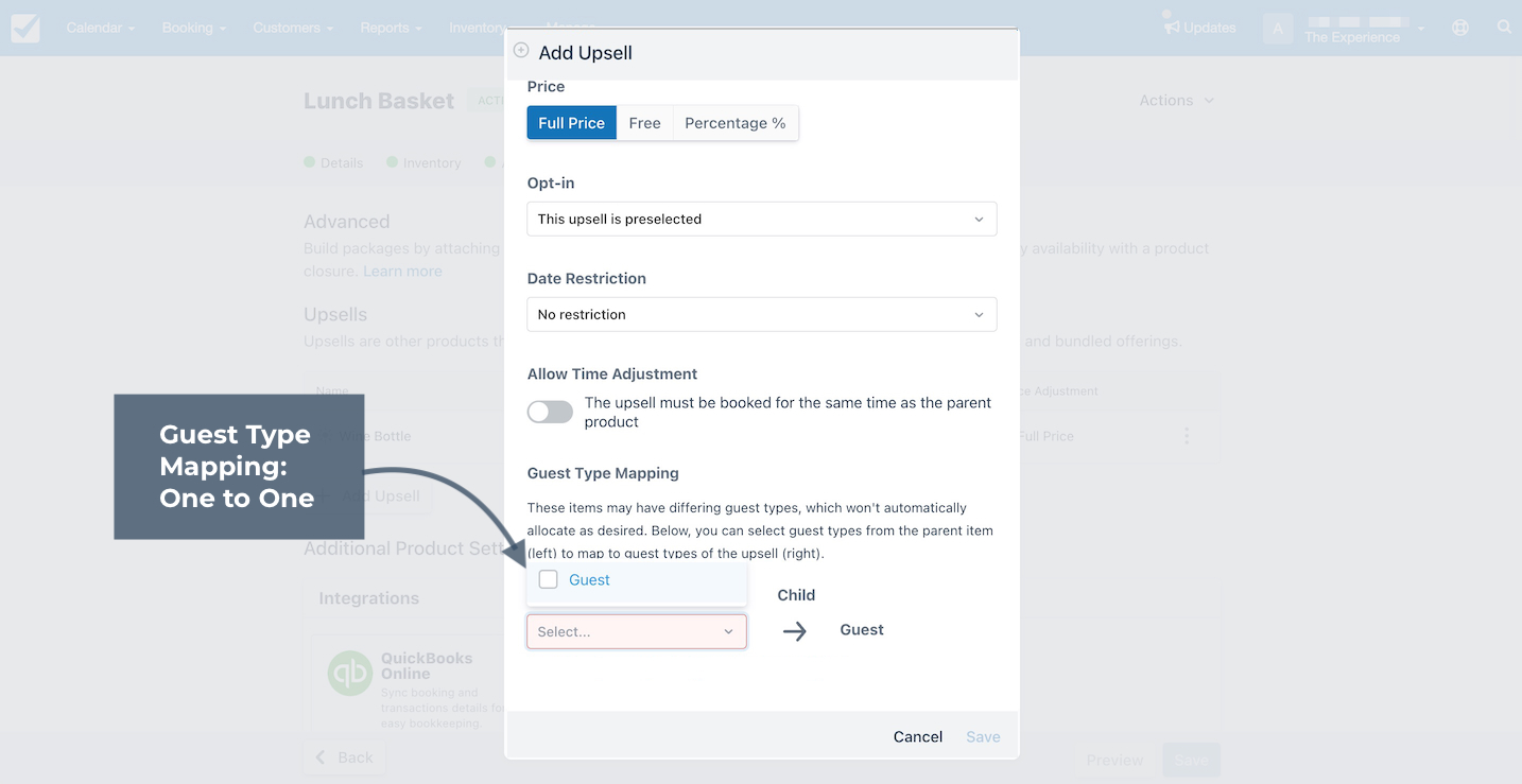 Add Upsell window showing guest type mapping one to one with Child mapped to Guest.