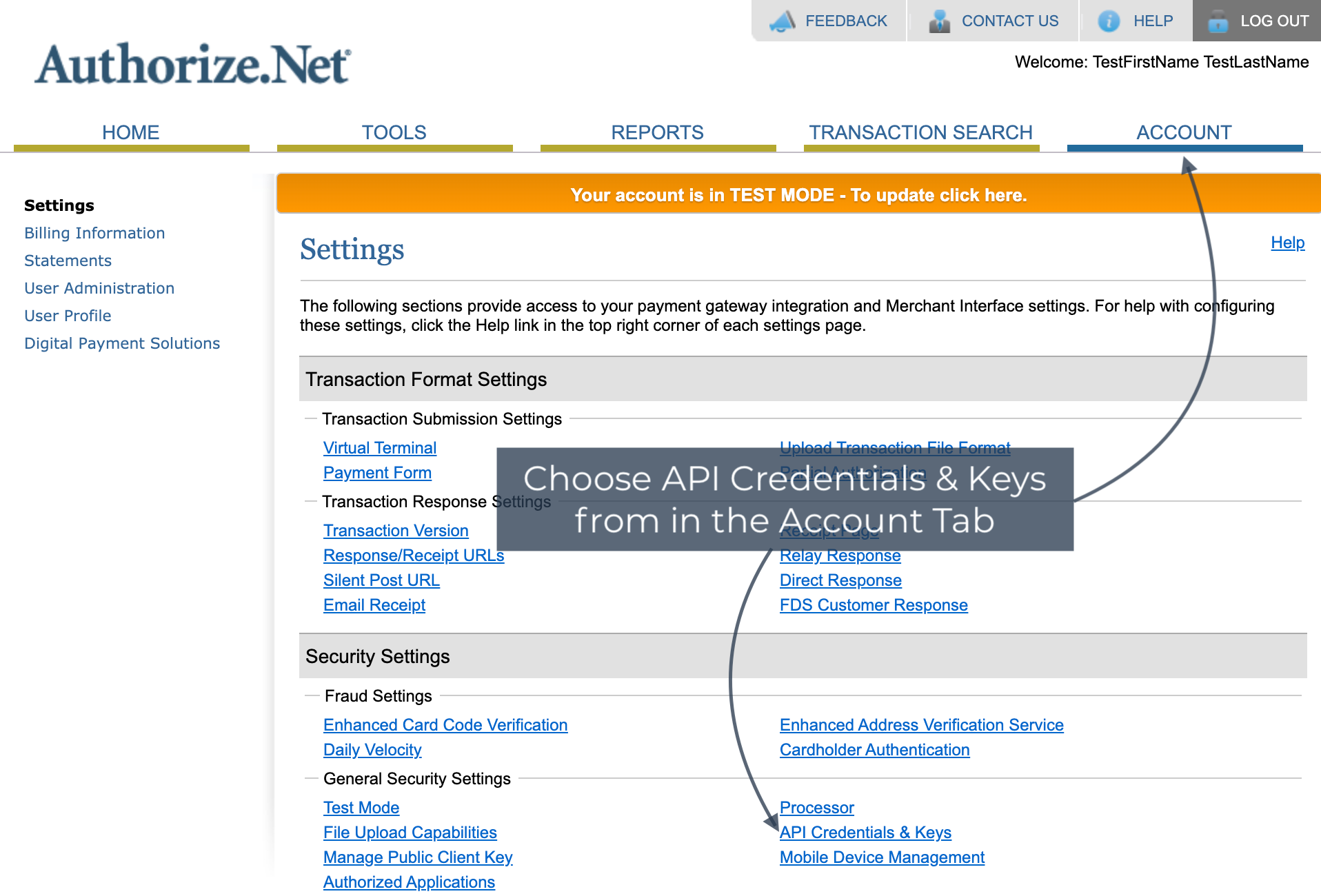 Authorize.Net account settings page with arrow pointing to API Credentials and Keys in the account tab.