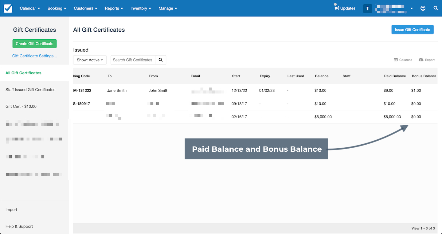 Gift Certificates page highlighting the Paid Balance and Bonus Balance columns showing amounts for each issued certificate.