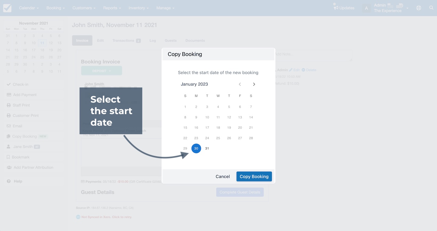 Select the start date of the new booking