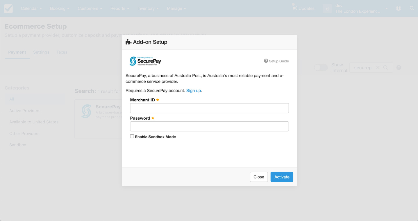 SecurePay add-on setup window with Merchant ID and Password fields and Sandbox mode checkbox unchecked.