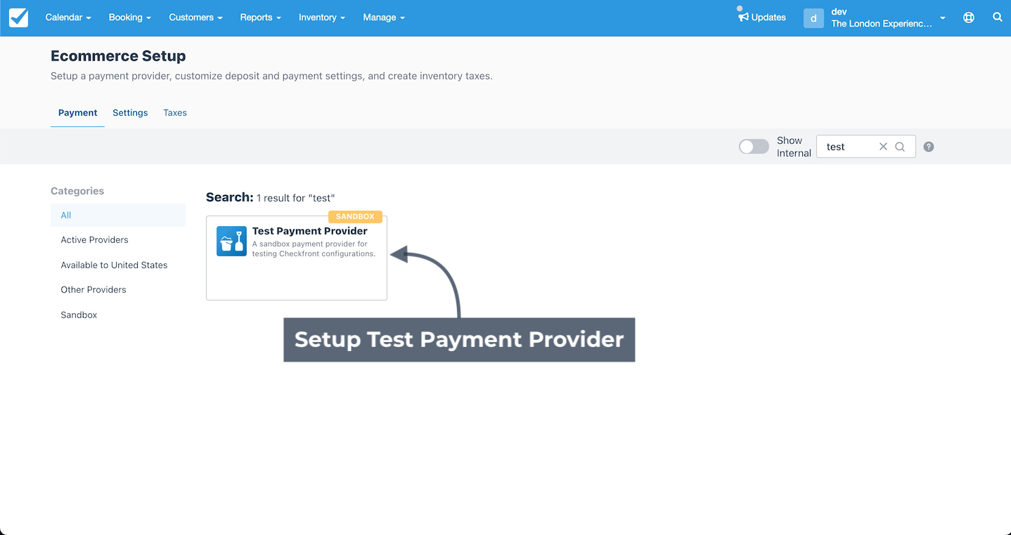 Ecommerce Setup screen showing Test Payment Provider search result with Setup Test Payment Provider option indicated.