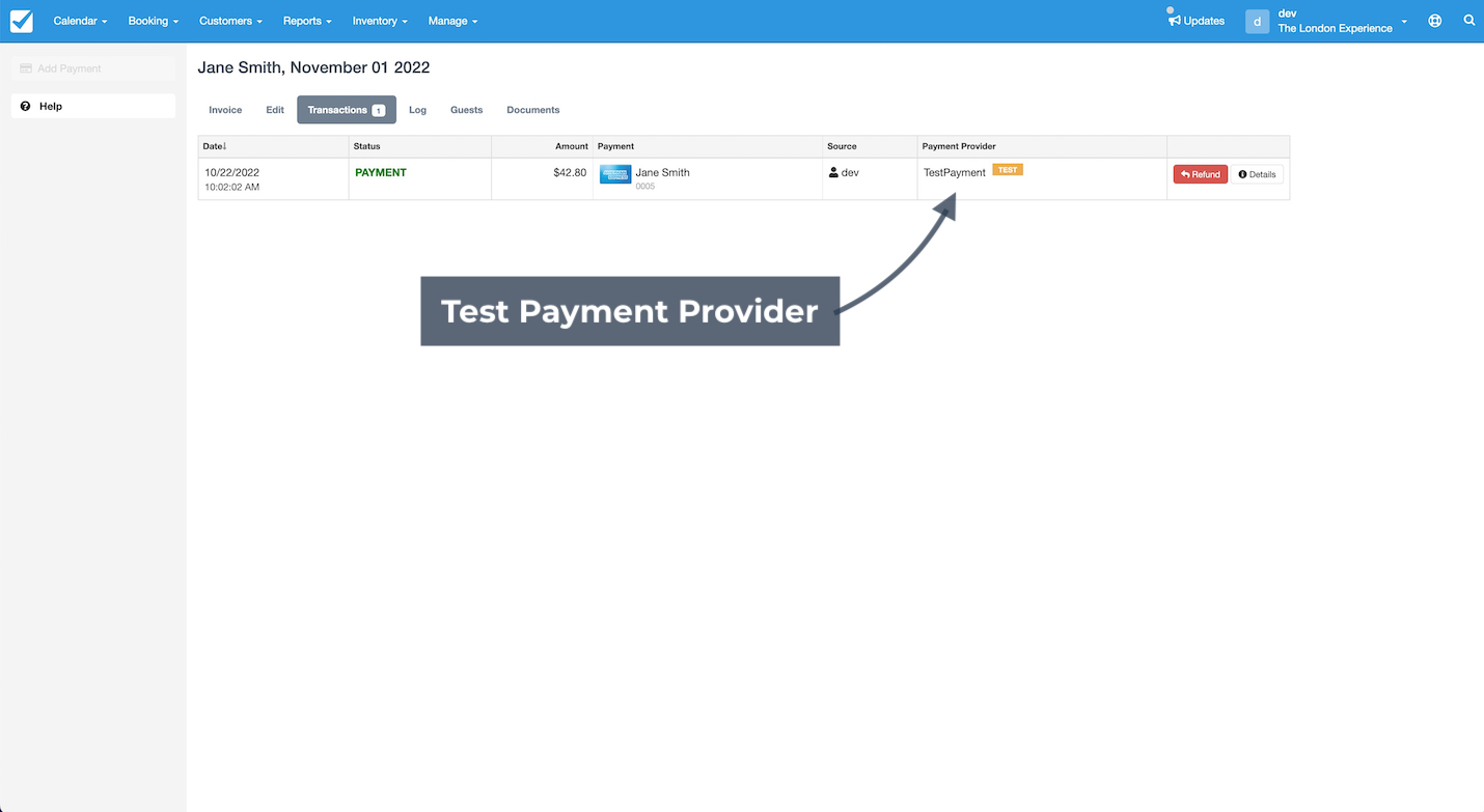 Transactions screen showing Jane Smith booking payment recorded using Test Payment Provider.